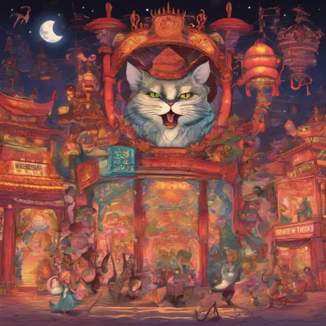 Picture book illustrations　　At a venue with bright neon lights like Chinatown, 50 cats stand on two legs and dance.、Drinking beer、uproar　The cats face is clear