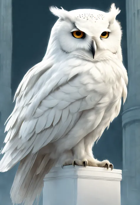 Surrealist art style (A huge pure white owl stands on Athenas shoulder), (Pure white owl: 1.37), Pure white owl, Pure white owl, (Stand on the shoulder: 1.37) The owls face is round, (wide blue eyes: 0.8), very large eyes, Short curved beak, Thick, pure wh...