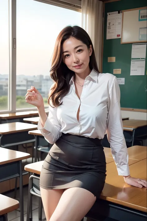 1womanl、1 female teacher,(Super beautiful)、(beauitful face:1.5)、40 years、Perfect makeup, Business Suit, (a miniskirt:1.2)、Sitting on a chair in a school classroom、Brilliant sunset,To a shining man,a high chroma,Sparkling sunset,Romantic sunset,Beautiful su...