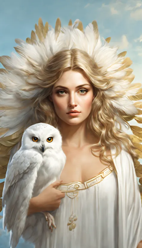 a pure white owl is lifted by athena's shoulder), （the entire body of an owl）， (pure white owl: 1.37), pure white owl, pure whit...