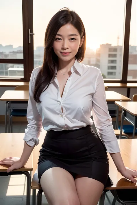 1womanl、1 female teacher,(Super beautiful)、(beauitful face:1.5)、40 years、Perfect makeup, Business Suit, (a miniskirt:1.2)、Sitting on a chair in a school classroom、Brilliant sunset,To a shining man,a high chroma,Sparkling sunset,Romantic sunset,Beautiful su...