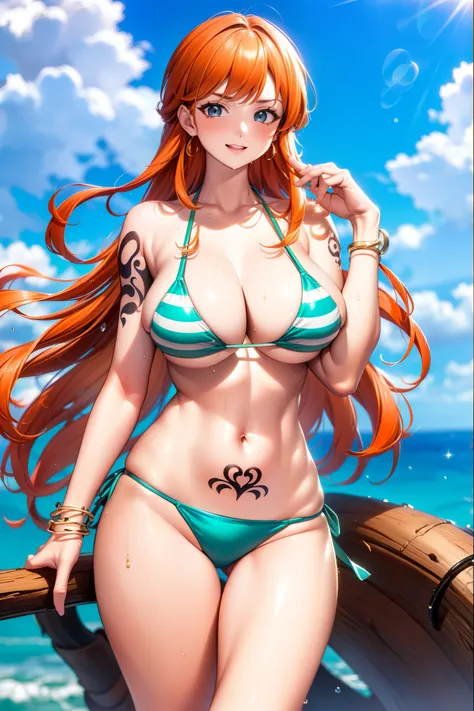 ((巨作)) ((Best Quality)) ((A highly detailed))  ((1Woman)) ((bikini)) ((bikini top only)) ((orange long hair)) ((silky long hair)) ((Right shoulder tattoo))  ((tall ;)) ((One Piece Nami)) ((Nami)) ((wet body)) ((big tits))  ((Attractive eyes)) ((sharp eyes)...