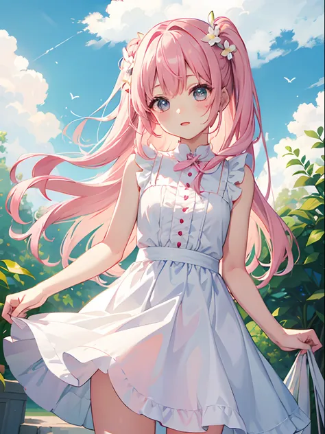 One girl、Pink hair、PastelColors、Cute、blush, tiny chest, white dress, flower garden, noon, blue sky, beautiful