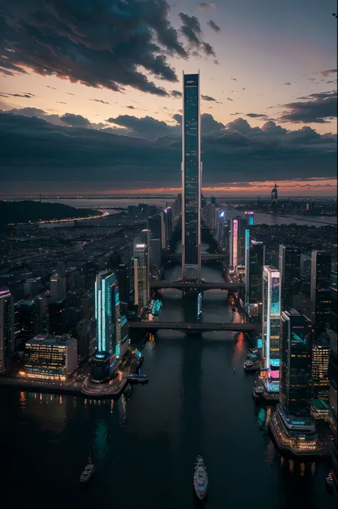 Create a hyperrealistic urban landscape at sunset, with dazzling city lights reflecting on a calm, mirror-like river. The scene should be set in a futuristic, cyberpunk city with neon signs and flying vehicles