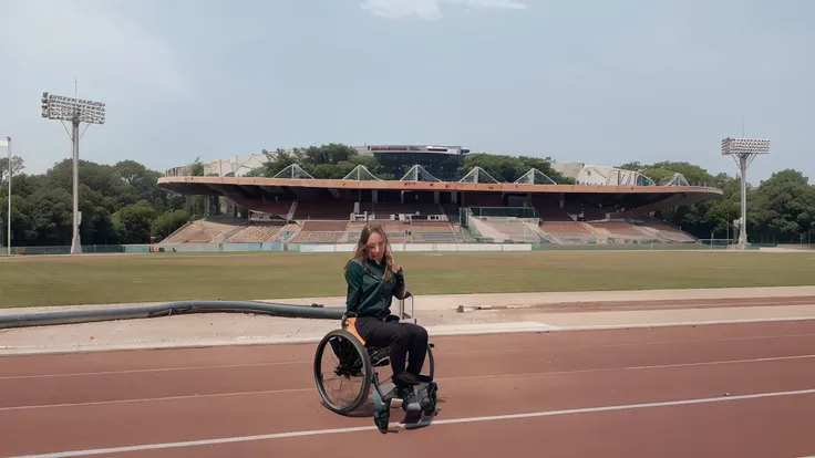 A girl with green eyes on wheels and a stadium in the background