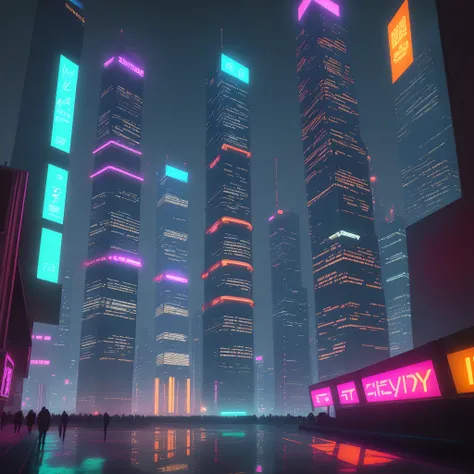 Night in a futuristic city in 2077 with skyscrapers glittering with neon lights in primary colors