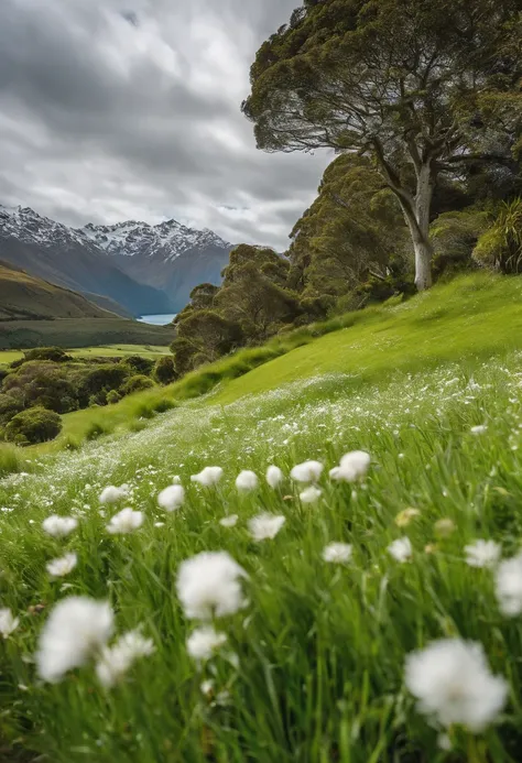 Green meadow，((White flock))，White cloudless sky，new zealand，4K，k hd