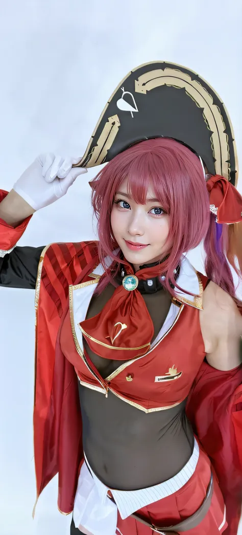 1girl,solo,a japanese sexy cosplayer girl with pink hair posing for the camera,in a anime costume,cosplay,houshou marine,virtual youtuber,red eye and yellow eye,heterochromia,smiling,hat,red hair, red ascot, realistic, leotard under clothes, twintails, glo...