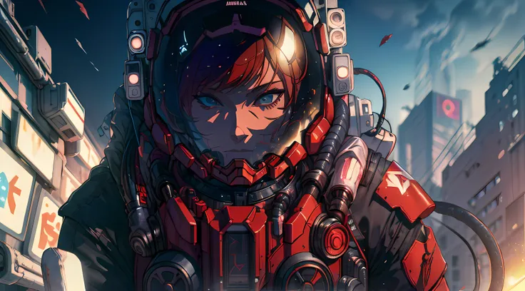 a close up of a person with red hair and a helmet, cyberpunk anime girl mech, digital cyberpunk anime art, female cyberpunk anim...