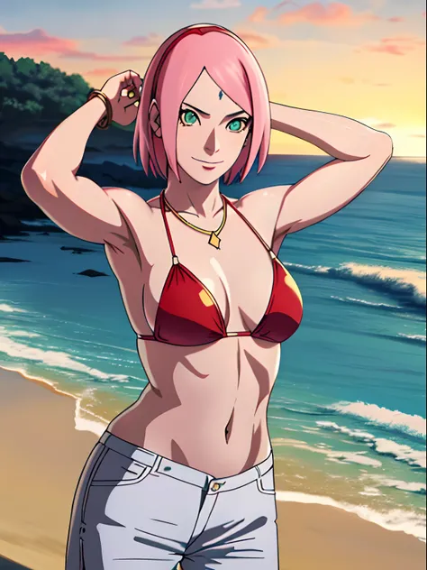 masterpiece, 4k, ultra hires, epic effects, portrait, official art, anime style, high brightness, best quality, 1girl, flexing arm muscles, haruno sakura, cowboy shot, professional artwork, detailed beach background, intricate details, colorful, digital bl...