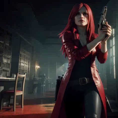 4K,HD, Claire Redfield 40 years old, beautiful face, looking at viewer, very long red hair, perfect Face, black jeans, red long coat with black t-shirt, red nail polish, friendly face, Glare, holding a gun