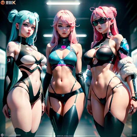 Create a movie poster with the "TTP-AI" logo above. There are 3 beautiful girls with pink hair, 90 bust, wearing sexy clothes, aqua blue eyes. Future technology style, image  3D donghua, 8k quality