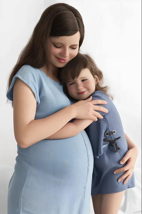 pregnant woman hugging her daughter in a blue dress, pregnant belly, sentimento de maternidade, pregnant, gravidez, surgical gow...