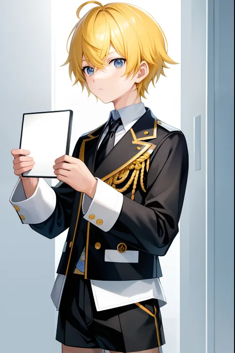 Expressionless frontal photographic masterpiece，Best Quality Boy Yellow Hair Short Hair Black & White Sailor Suit Jacket Gray Shorts Close-up of a man in a black jacket and shorts holding a mirror gray shorts in his hand, inspired by Li Chevalier, JK schoo...