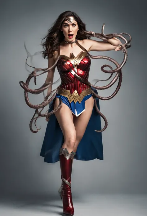 wonder woman struggling by tentacles, tentacles around her body, scream, tied up, restraint.