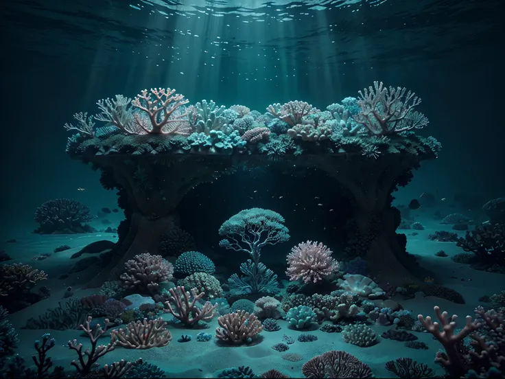 Craft an image that combines a hyperrealistic underwater world with an ethereal touch. Show a coral reef teeming with life, and add the surreal element of bioluminescent creatures illuminating the depths of the ocean