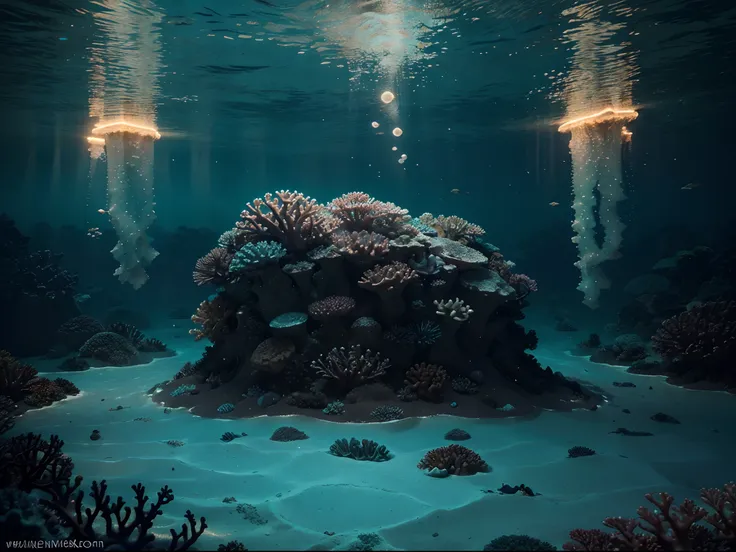 Craft an image that combines a hyperrealistic underwater world with an ethereal touch. Show a coral reef teeming with life, and add the surreal element of bioluminescent creatures illuminating the depths of the ocean