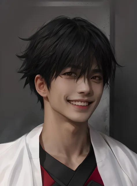 1men , kuro tetsurou in haikyu , black hair , black eyes, handsome, smiling, realistic clothes, detail clothes, simple background, ultra detail, realistic