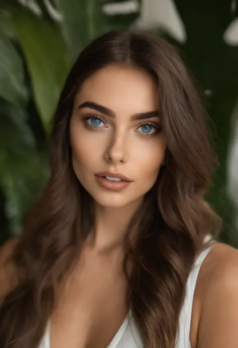 Arafed mujer sin top y bragas, Chica sexy con ojos azules, Retrato Sophie Mudd, brown hair and large eyes, selfie de una mujer joven, Ojos del dormitorio, Violeta Myers, sin maquillaje, Maquillaje natural, staring directly into camera, cara con artgram, ma...