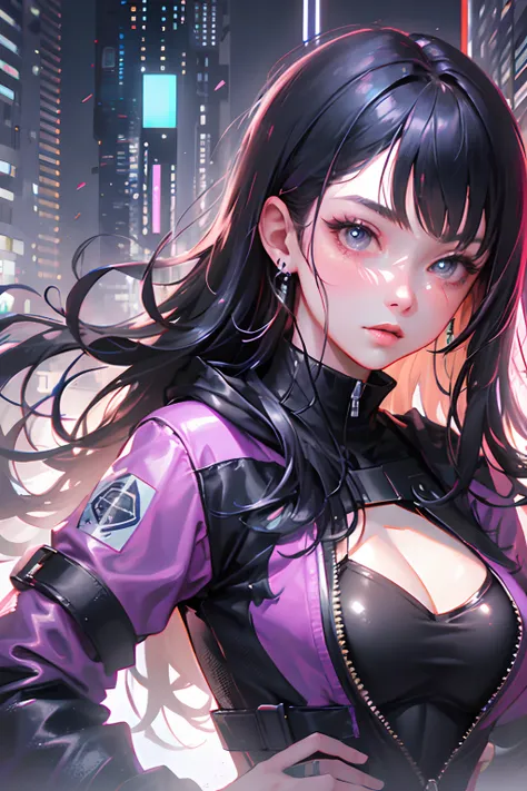 1girll, breasts, Night, Solo, Large breasts, Yellow jacket, bomber jacket, Porcelain Skin, subtle blush, Holographic Hair, Black hair, cropped shoulders, Futuristic, Cyberpunk City, City lights, Catsuit, cleavage, bladerunner, Bangs, Long hair,(Perfect fac...