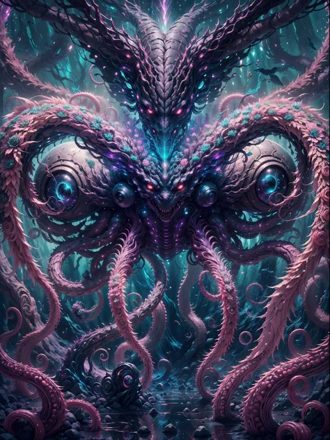 (realistic,highres)An alien creature with numerous multi-faceted eyes and long flexible tentacles, vibrant and lifelike. The creatures eyes are intricately detailed, capturing every minute facet and reflection. The tentacles are sinewy and graceful, swayin...