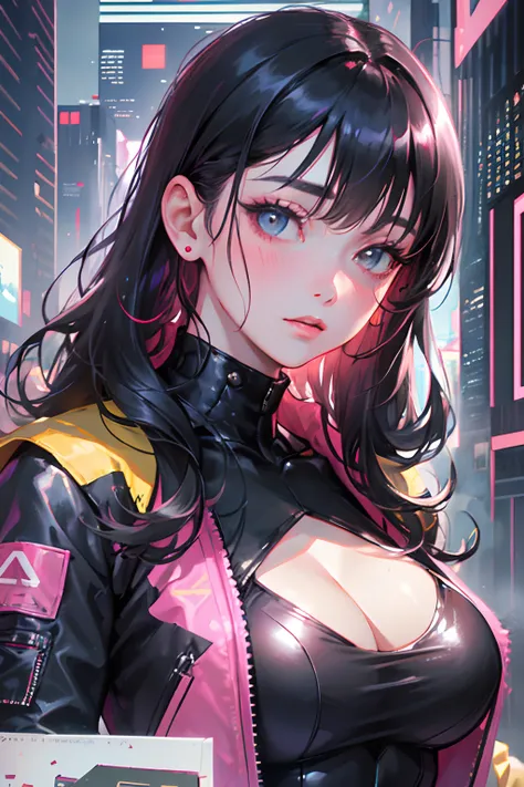 1girll, breasts, Night, Solo, Large breasts, Yellow jacket, bomber jacket, Porcelain Skin, subtle blush, Holographic Hair, Black hair, cropped shoulders, Futuristic, Cyberpunk City, City lights, Catsuit, cleavage, bladerunner, Bangs, Long hair,(Perfect fac...