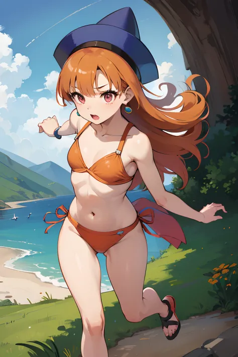 1girl in、hight resolution、​masterpiece、Alena (DQ4)、Hats、globe、Jewelry、earrings、tiny chest、A slender、Short stature、Orange hair、Pink Micro Swimsuit、plein air、kick、Fighting、Twisting the body、Low posture