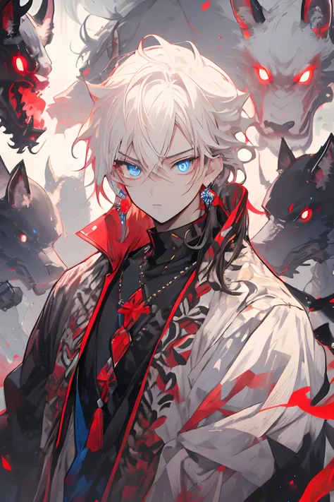 masutepiece,Best Quality,1boy,Jewelry,Male Focus,Looking at Viewer,Solo,Upper body,White hair,The sword,Blue eyes,blue aura