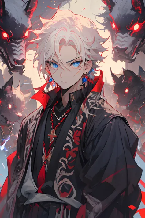 masutepiece,best quality,1boy,jewelry,male focus,looking at viewer,solo,upper body,white hair,the sword,blue eyes,blue aura