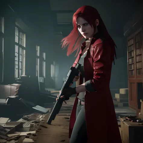 4K, HD, ((Claire Redfield 40 years old)), beautiful face, looking at viewer, very long red hair, perfect Face, black jeans, red long coat with black t-shirt, red nail polish, friendly face, Glare, holding a gun