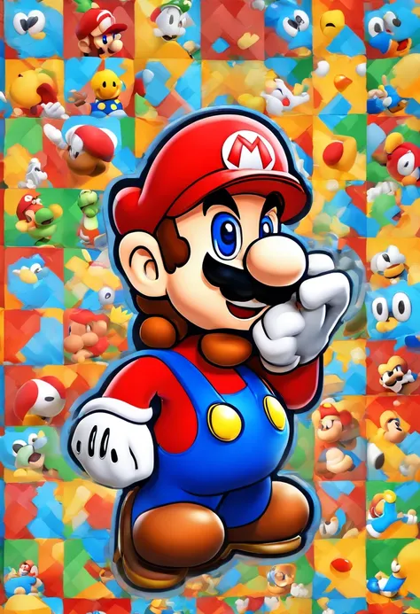 (Mario), design de personagens, Nintendo Super Mario, (olhos azuis, red hat, terno vermelho, blue suspenders, luvas brancas, )super bonito estilo caixa cega, Chibi, corpo inteiro, exaggerated expressions and actions, fundo limpo, Destaques iridescentes bri...