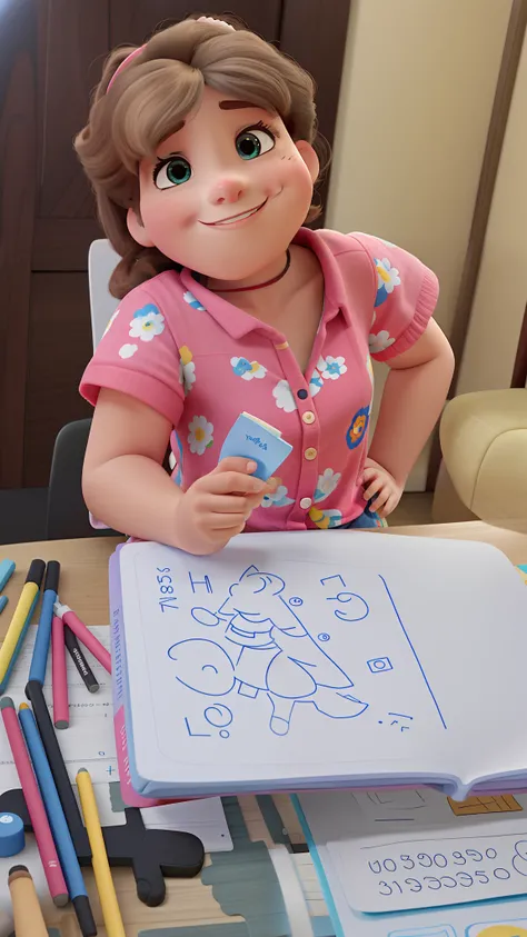 Menina de 4 anos desenhando sobre a mesa no estilo Disney Pixar, alta qualidade, melhor qualidade