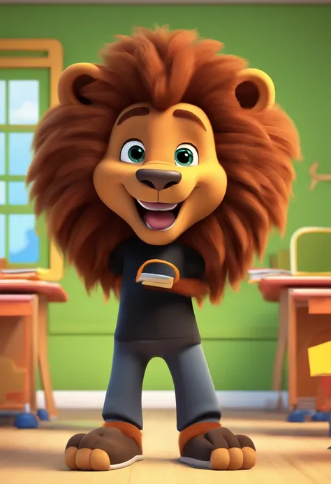 Daren Lion cartoon character and a black shirt, animation character, Caractere estilizado, animation style rendering, Stylized 3D in classroom with happy kids