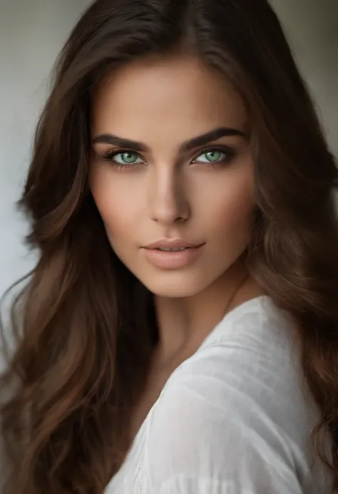 A close up portrait shot of a beautiful brunette 20 years old girl with a neutral tone white blackground. green eyes and brown long hair. Her skin is brown. Use vivid and evocative language to paint a picture of her features, capturing the essence of her u...