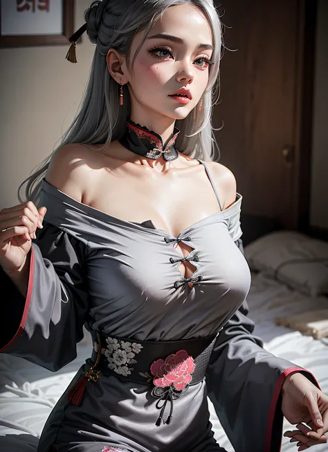 Girl， off-the-shoulder shirts，Traditional Chinese costumes， a black choker，faded ash-gray hair