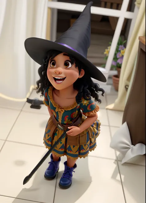 Beautiful mulatto child dressed as a witch in Disney Pixar style, alta qualidade, melhor qualidade.