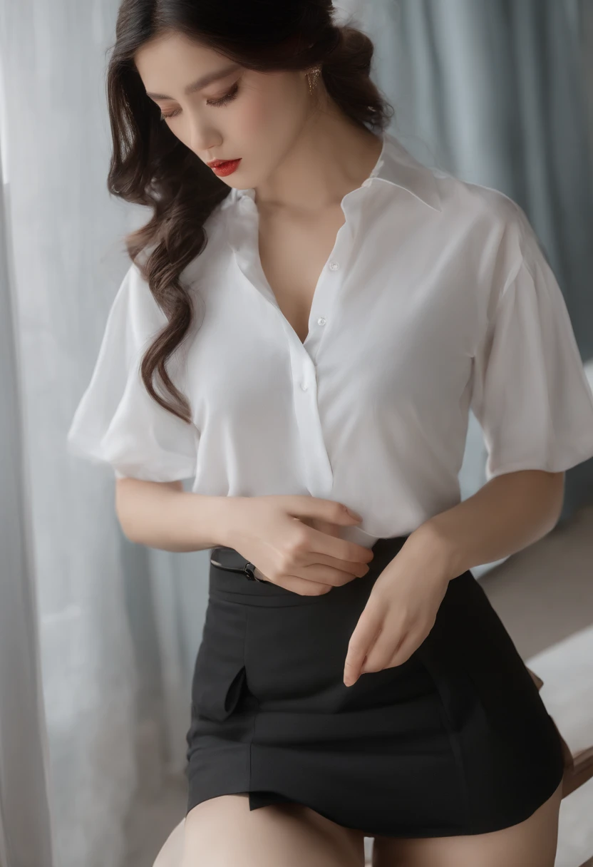 photo of Girl, Sitting, Fair skin, ((Loose & Open Chest Temptation shirt)), F Lal, ((look far away)), Pleated miniskirt, A meticulous touch, Detailed fabric texture, beautifull detailed face, Smooth skin, Detailed skin, skin pore, Black hair