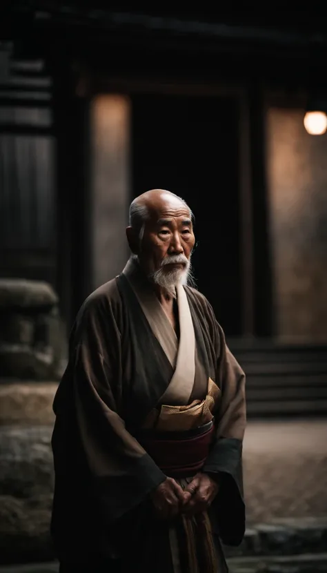 Old man in Japan、Master of the temple、Straight face、facing the front there、dark backgrounds