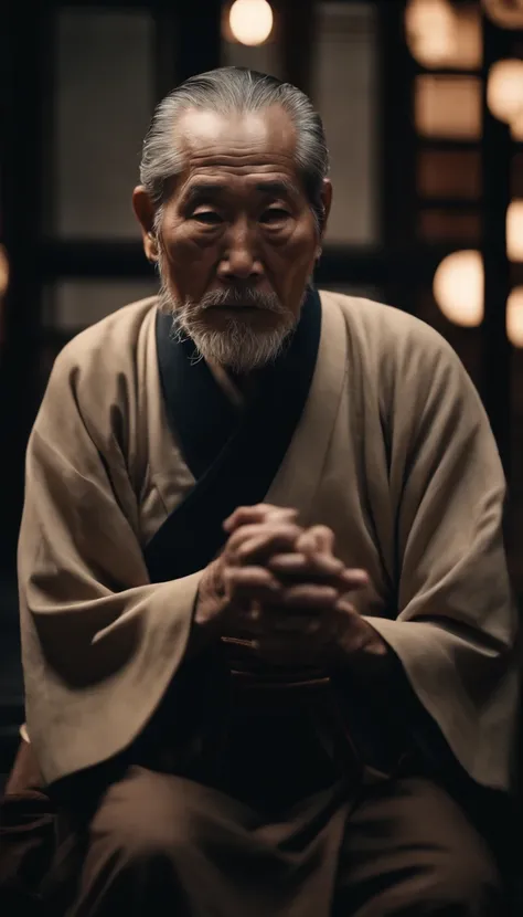 Old man in Japan、Master of the temple、Straight face、facing the front there、dark backgrounds