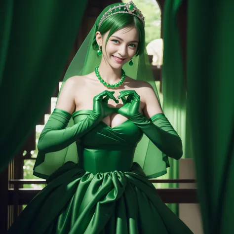 emerald tiara, Green Pearl Necklace, Boyish very short green hair, lipsticks, Japan woman smiling, very short short hair,  big breasts beautiful, Green eyes, Long green gloves made of satin material, Green eyes, Emerald Earrings, green vale, Heart with bot...