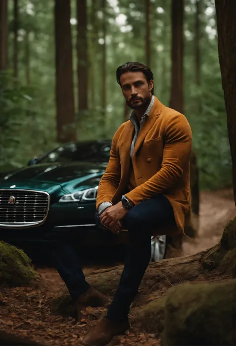 Homem de 30 anos, with clothes in the middle of the forestSitting with hands on a jaguar