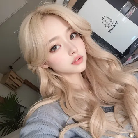 Blonde girl with long hair and blue sweater posing for a selfie, Ulzzang, tzuyu de duas vezes, longos cabelos loiros e olhos grandes, Lalisa Manobal, maquiagem sul-coreana popular, pale hair, cabelos macios, maquiagem coreana popular, longos cabelos loiros...