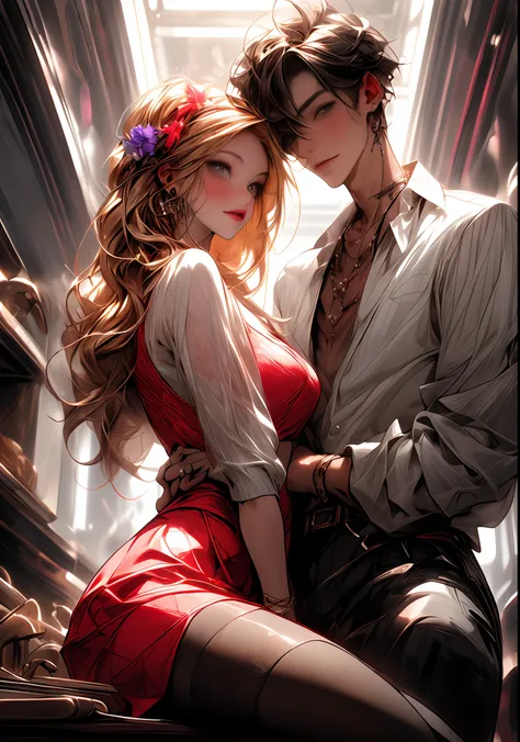 ((absurdres, higher, ultra HD)) 1 male, 1 female,mature, kissing each other, girl is sit on the wash basin, guy is front of her slightly bend towards her, man is shirtless, wearing blue jeans ,woman wearing beautiful pink dress, wisteria flower around them...