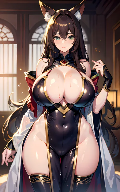 (Masterpiece: 1.5), (Best Quality: 1.5), Perfect Eyes, Perfect Face, Detailed Eyes, Volumetric Lighting, 1 Woman, Mature Woman, (Whiteness: 5), fox ears, fox tail, dark brown hair, green eyes, long hair, sexy, full body, kimono, wet skin, shiny skin, tight...