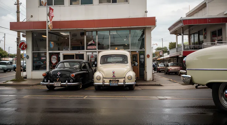 "Classic 1950s cars surrounding a retro diner."