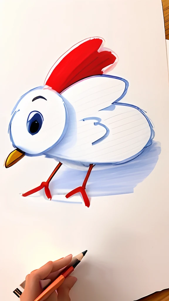 Drawing of a bird with a red beak on a white sheet of paper, desenhado em papel manteiga branco, anthropomorphic bird, hand - drawn animation, desenhado em papel, hand drawn animation, escrito com cores finas no branco, style of titmouse animation, um dese...