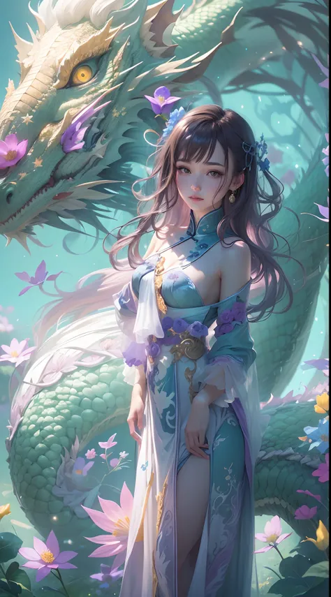 （Best quality at best，4k，high rise），One long hair Girl，There is a Chinese dragon in the sky behind him，Green and blue with a hint of purple，Photorealistic lighting，artistation render，A flowing dress，Charming flowers，The background is sparkling stars，A subt...