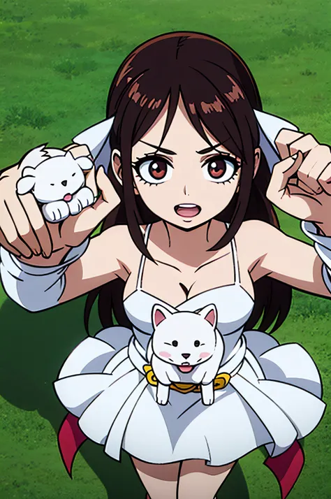 Brunette girl holding a white puppy gets married