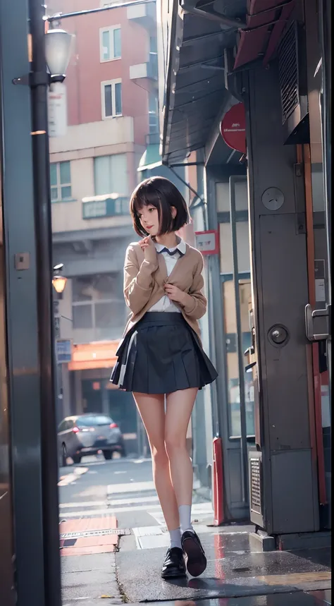 (((With skirt hem:1.3))), (((skirt rift:1.3))), (((lift skirt myself:1.3))), ((panties focus)), ((shool uniform)), ((Cardigan)), ((a miniskirt)), Modern old cityscape,  (The FW), 1womanl, Solo, 24 year old, 7headed body, (cute  face), (Ideal ratio body pro...