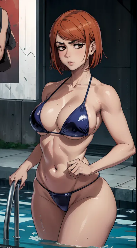 (melhor qualidade:1.3), (qualidade 4K), Nobara Kugisaki by jujutsu no kaisen, ((detailed face)), ((curvy body)), (peitos grandes), clivagem, sexy, (( cut hair)), ((thong bikini latex)), ((pool))
